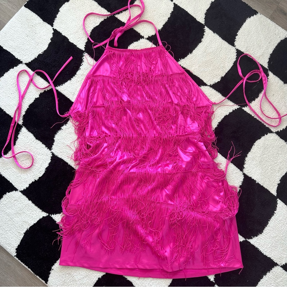 Hot Pink Fringe Halter Dress